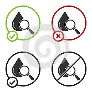 Black Drop and magnifying glass icon isolated on white background. Circle button. Vector Illustration