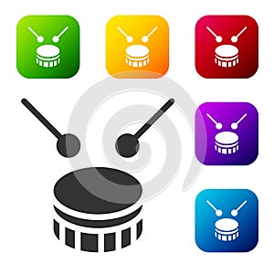 Black Drum with drum sticks icon isolated on white background. Music sign. Musical instrument symbol. Set icons in color