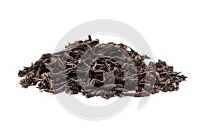 Black dry tea leaves isolated on white background.