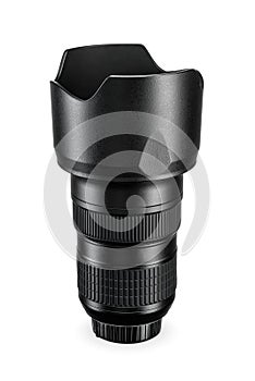 Black DSLR camera zoom lens isolated on white. Photography equipment, side view