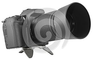 Black DSLR with zoom lens