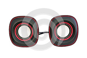 Black dual audio speakers on white background