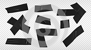 Black duct tape set. Realistic black adhesive tape pieces for fixing isolated on transparent background. Scotch arrow