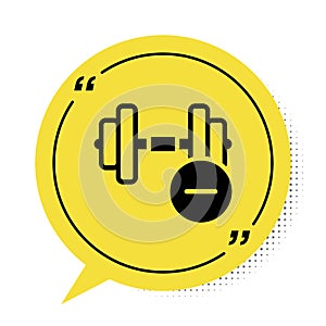 Black Dumbbell icon isolated on white background. Muscle lifting, fitness barbell, sports equipment. Yellow speech
