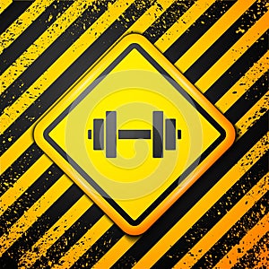 Black Dumbbell icon isolated on yellow background. Muscle lifting icon, fitness barbell, gym, sports equipment, exercise