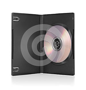 Black DVD box with disc inside on white