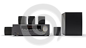 Black DVD receiver and home theater system with speakers and subwoofer. 3d illustration.