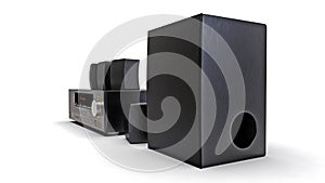 Black DVD receiver and home theater system with speakers and subwoofer. 3d illustration.