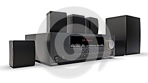 Black DVD receiver and home theater system with speakers and subwoofer. 3d illustration.