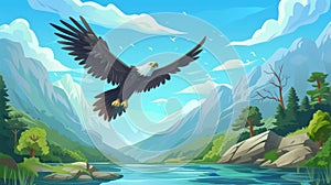 A black eagle, falcon, or hawk flying with outspread wings over a scenic mountain lake, a wild bird predator hunting