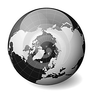 Black Earth globe focused on Arctica. With thin white meridians and parallels. 3D glossy sphere vector illustration