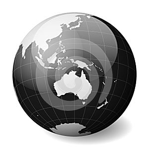 Black Earth globe focused on Australia. With thin white meridians and parallels. 3D glossy sphere vector illustration
