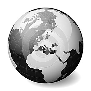 Black Earth globe focused on Europe. With thin white meridians and parallels. 3D glossy sphere vector illustration