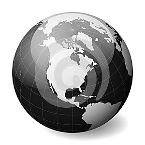 Black Earth globe focused on North America. With thin white meridians and parallels. 3D glossy sphere vector