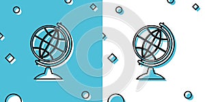 Black Earth globe icon isolated on blue and white background. Random dynamic shapes. Vector Illustration