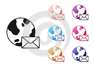 Black Earth globe with mail and e-mail icon isolated on white background. Envelope symbol e-mail. Email message sign
