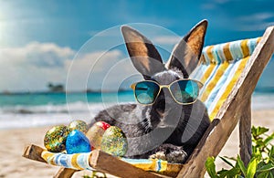 Black easter bunny with sunglasses is relaxing with colorful eggs in a sun lounger on the beach