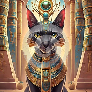 black egyptian Bastet cat seating against temple background with columns and hieroglyphs. Egyptian goddess Bastet. Ai generated