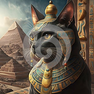 black egyptian Bastet cat seating against temple and pyramid. Egyptian goddess Bastet. Ai generated