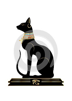 Black Egyptian cat. Bastet, ancient Egypt goddess, statue profile with Pharaonic gold jewelry, vector Illustration isolated