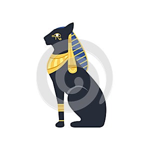 Black Egyptian cat. Bastet, ancient Egypt goddess, vector Illustration