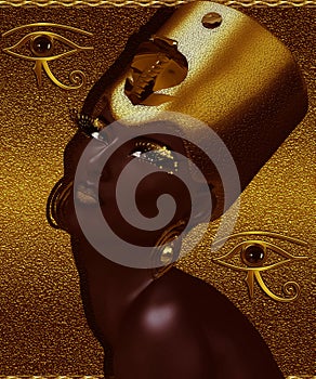 Black Egyptian Queen, beautiful face, gold glitter background.