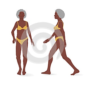 Black elderly woman, whole body. Isometric vector illustration of a standing person.