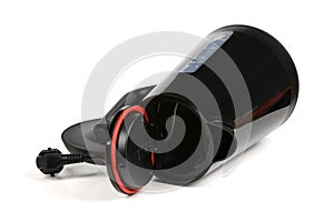 A black electric kettle on a white background