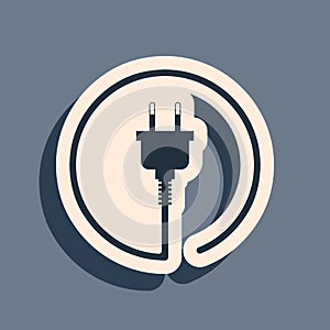 Black Electric plug icon isolated on grey background. Concept of connection and disconnection of the electricity. Long