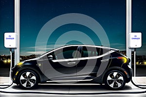 Black electric vehicles charge at night charging stations. Generative AI