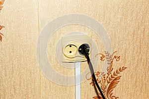 Black electrical cord connected to a plastic white socket on a plain wall