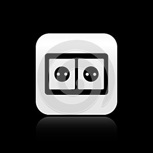 Black Electrical outlet icon isolated on black background. Power socket. Rosette symbol. Silver square button. Vector