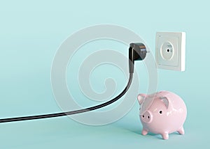 Black electrical plug, electric socket and piggy bank. Ready to connect. Free, copy space for your text, advertising