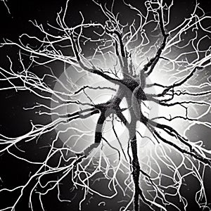 A black, electrified neuron rendered with volume concept