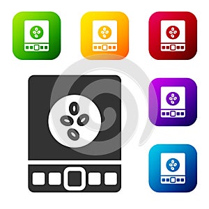 Black Electronic coffee scales icon isolated on white background. Weight measure equipment. Set icons in color square