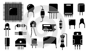 Black electronic component icons. Electric circuit conductor and semiconductor parts, diode transistor resistor