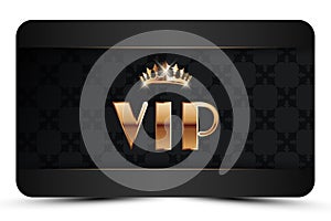Black elegant vip card template. Modern business card for members only with golden 3d text, crown. Luxury abstract invitation.