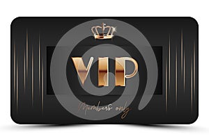 Black elegant vip card template. Modern business card for members only with golden 3d text, crown. Luxury abstract invitation.