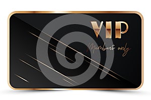 Black elegant vip card template. Modern business card for members only with golden 3d text, crown. Luxury abstract invitation.