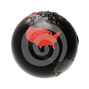 Black Embossed Earth Globe with North America. The USA is Highlighted in Red.