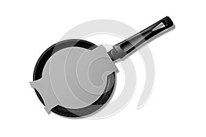 Black and Empty Frying Pan with Paper Label Set Closeup Isolated on White Background. Design Template for Mockup.