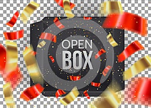 Black empty open box with falling Red Confetti isolated on transperent background.Black Gift Box. Top view. Template for