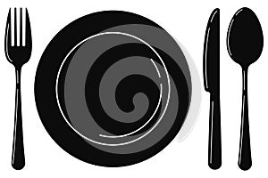 Black empty plate with spoon, knife and fork isolated on a white background.