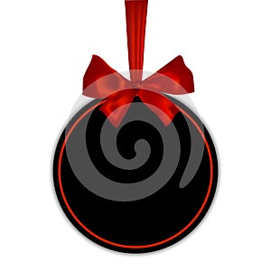 Black empty round gift card template with red ribbon and a bow, vector illustration.