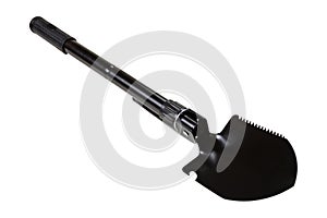 Black engineer shovel on a white background, shovel for camping or for a hike
