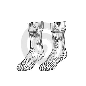 Black engraved textile socks drawing. Man cotton garment for the foot ink hand drawn style vector illustration