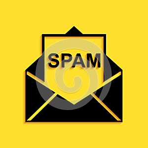 Black Envelope with spam icon isolated on yellow background. Concept of virus, piracy, hacking and security. Long shadow