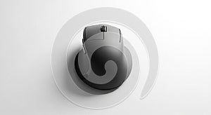 Black ergonomic computer mouse on a white surface. The design features a