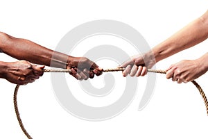 Black ethnicity arms with hands pulling rope against white Caucasian race person in stop racism and xenophobia concept