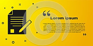 Black Exam sheet and pencil with eraser icon isolated on yellow background. Test paper, exam, or survey concept. School